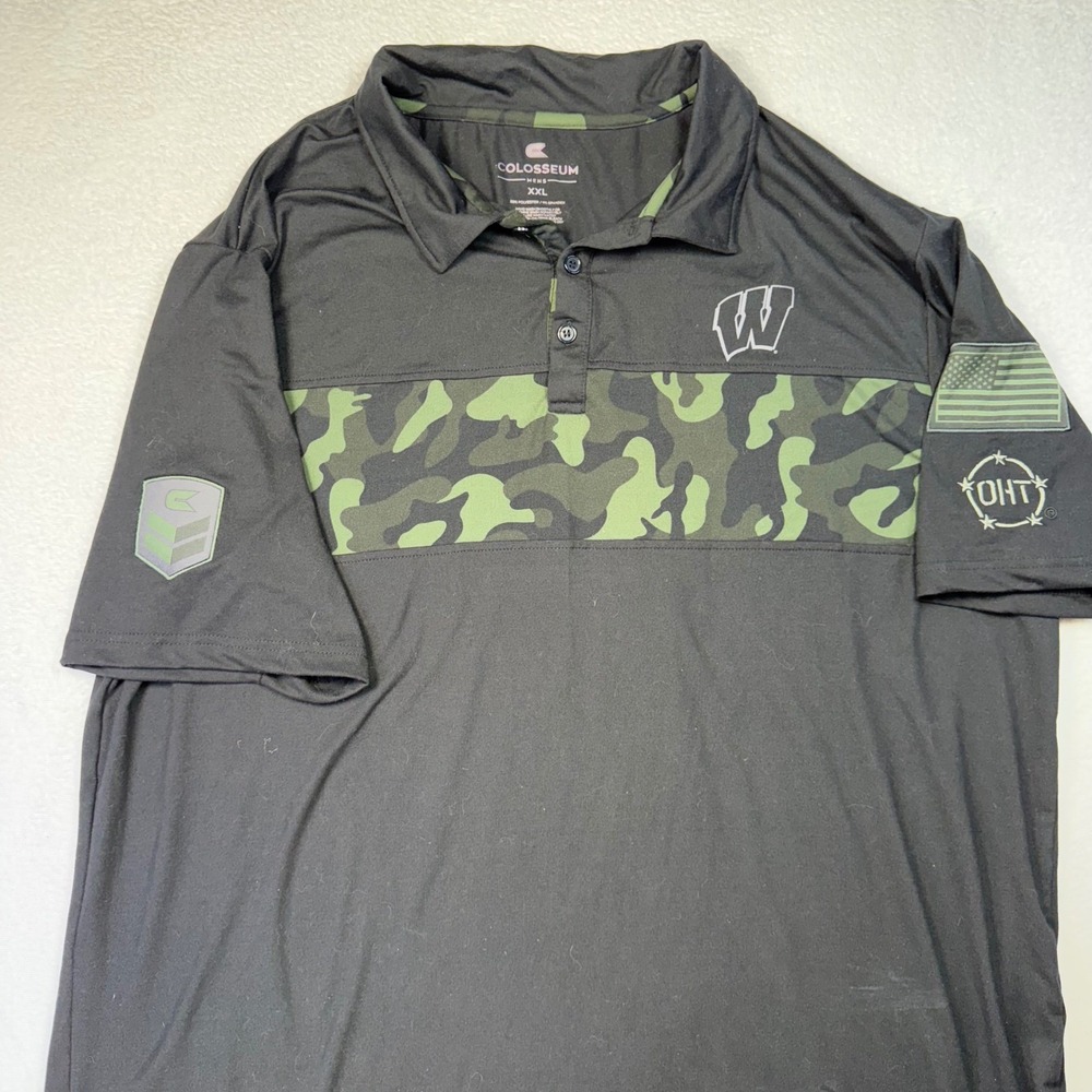 Colosseum Polo Shirt Mens XXL Black Camo Wisconsin Badgers OHT Military Top